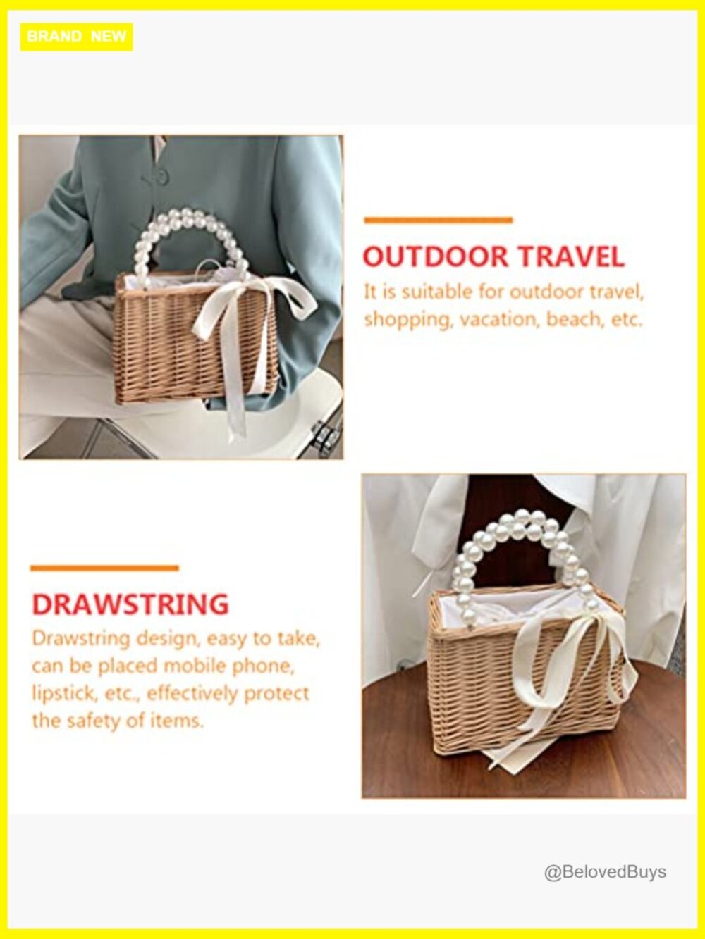 Pearl Straw Handbag with Drawstring Closure Small Tote for Women Summer Beach - Picture 3 of 7